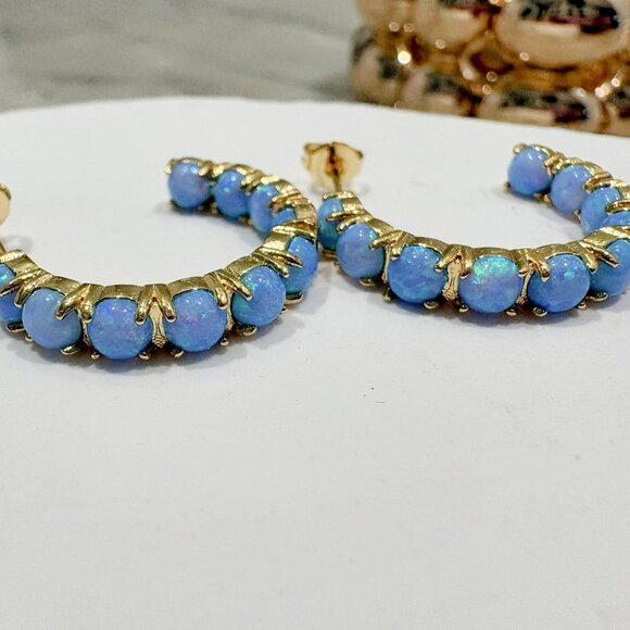 Jewelry - Beautiful Blue Opal Simulated 18k gold plated hoop pierced earrings